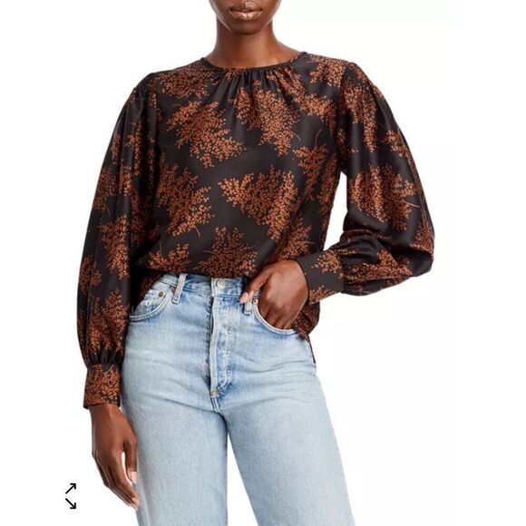 Rebecca Taylor Arden Fern Silk Blouse in Black & Rust NWT Size Large - Picture 1 of 6